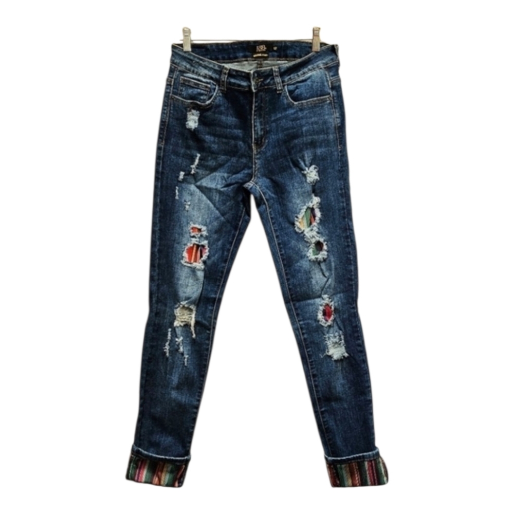 Lucky & Blessed Distressed Cut Out Stripped Patch Denim Blue Jeans Size 12